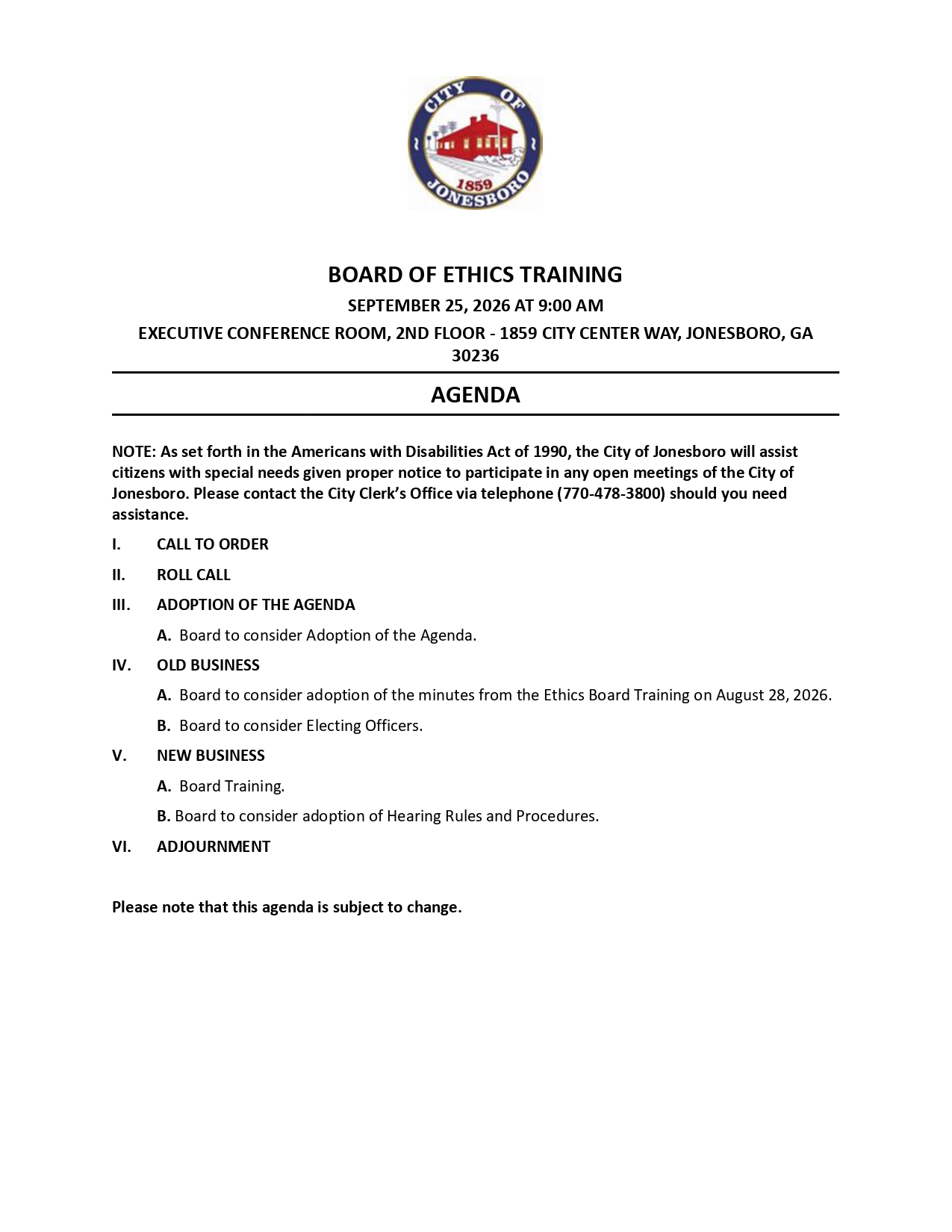 BOARD OF ETHICS TRAINING AGENDA 